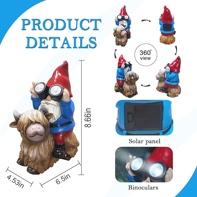 Solar Highland Cow Gnome Garden Statue Outdoor Decor, Funny Solar Light Christmas Decoration for Balcony Garden Patio Yard Lawn, Birthday Gift for Women, Men, Mom, Grandma, Unique Thanksgiving Gifts