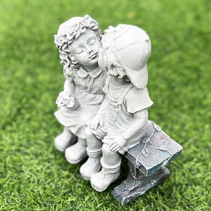 Elenon Boy and Girl Garden Statue Decor, Couple First Kiss Garden DecorativeSculpture for Yard Patio Art Flower Bed Decoration, 8 1/4" L x 4 3/4" W x 9" H