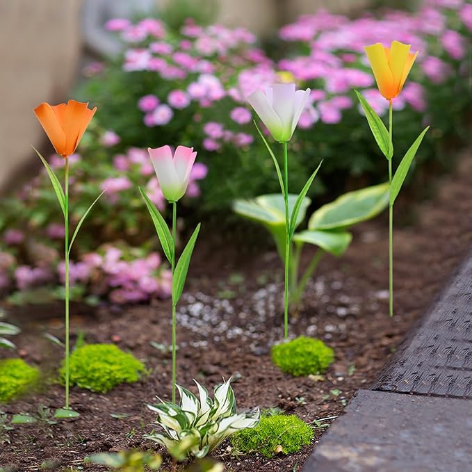 4Pcs Metal Flower Garden Stakes, 16.25" H Rustic Tulips Yard Stake Decorative Spring Outdoor Garden Decor Planter Flower Pot Metal Flower Stick for Patio,Lawn,Yard,Pathway (Tulips)