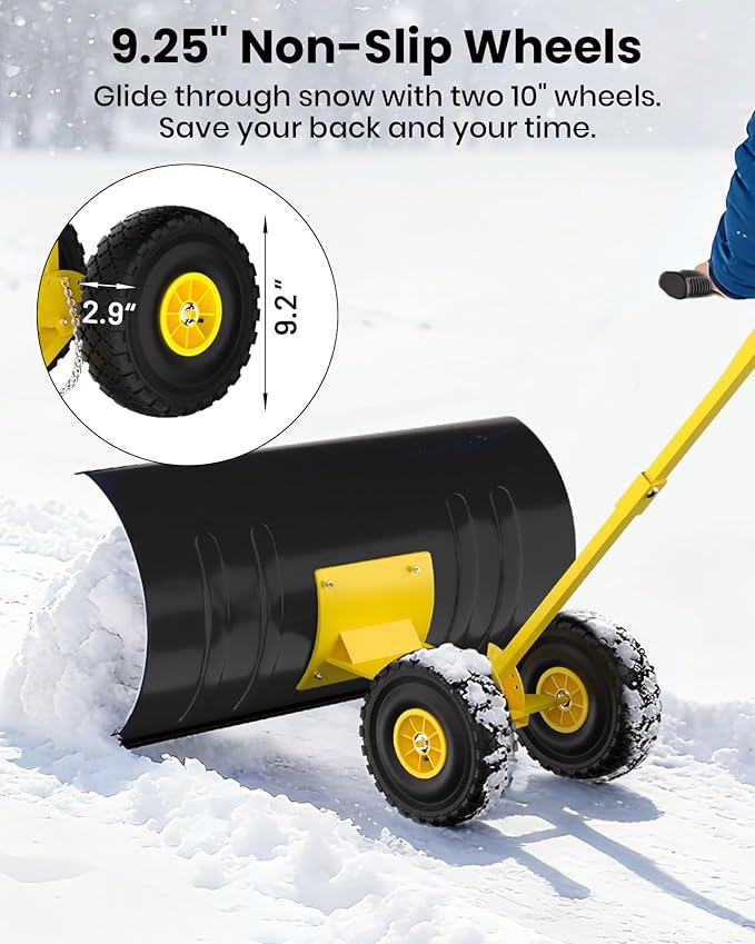 Snow Pusher with Wheels for Driveway, 29.5" Wide Heavy Duty Steel Blade, 5-Position Angle Adjustment & 60° Tilt Handle, Ergonomic Push Snow Shovel with Ground Protection for Effortless Snow Removal