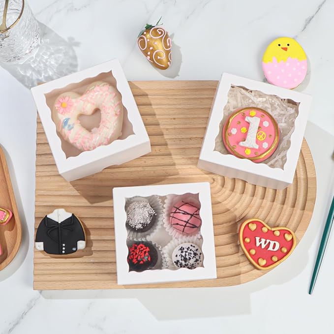 20pcs 4x4x2 Inch Bakery Boxes with Window Cookies Boxes Soap Box Chocolate Truffle Boxes Macaron Boxes Dount Boxes Gift Treat Boxes for Cake Browine pastries, or gifts goodies Party Favor