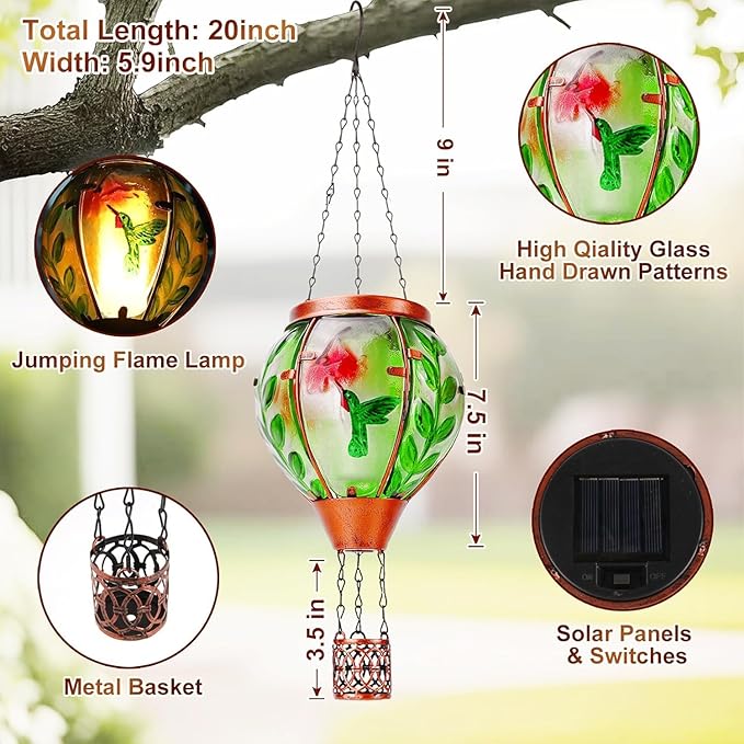 Solar Hot Air Balloon Lantern with Flame, Hummingbird Outdoor Solar Lanterns for Outside Garden Yard Farmhouse Patio Pathway Decoration, Hummingbird Gifts for Women Grandma Mom（2Pack