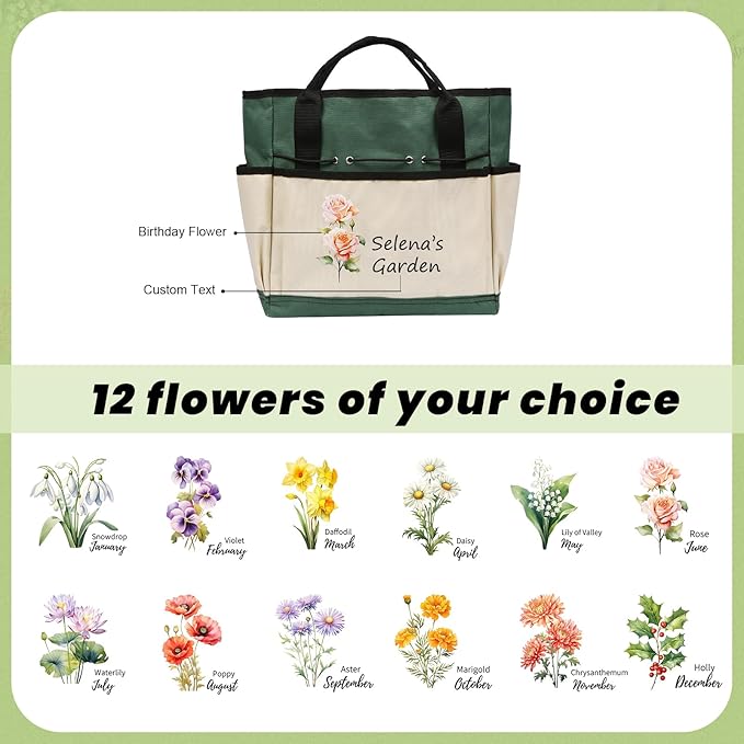 Personalized Garden Tools Set for Women: Custom Text Garden Tool Bag and Garden Shovel & Transplant Shovel & Hand Rake - Gardening Gifts for Mom Grandma Gardening Lover (Garden Bag)