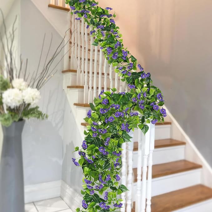 CISDUEO 2 Pcs Artificial Vines Silk Morning Glory Vines for Outdoor 15Feet Purple Hanging Plants Garland Fake Green Plant Morning Glories for Home Decor Wall Fence Stairway Wedding Hanging Baskets