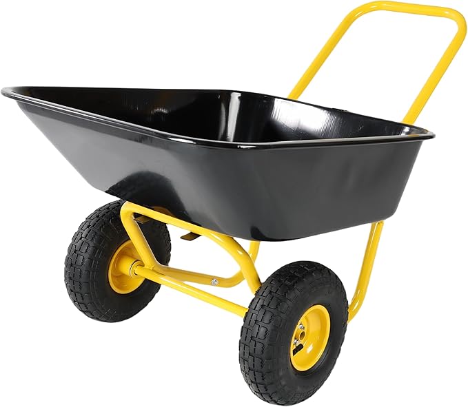 Metal Wheelbarrow, Easy Loading and Dumping Garden Cart with Steel Tray, Durable Heavy Duty Utility Trolley for Transporting, Soil, Sand (Yellow+Black, 2 Wheels)