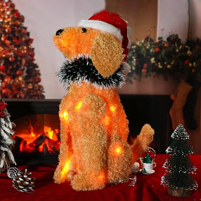 Christmas Lighted Dog Decoration Pre-lit 3D Glittered Fluffy Puppy Battery Operated Lighted Up Sitting Ornament Outdoor Indoor Christmas Decoration for Home Lawn Yard Garden Display