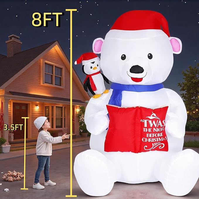 8FT Giant Christmas Inflatable Polar Bear with Penguin Decoration, LED Light Up & Built-in Speaker, Blow Up Outdoor Indoor Xmas Yard Decor for Lawn Garden Party Holiday Season