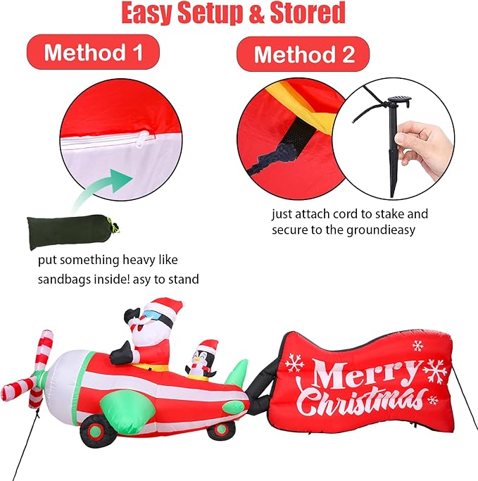 VCUTEKA Christmas Inflatables Outdoor Decorations, 10.5FT Blow Up Airplane Santa Claus and Penguin, Animated Christmas Inflatable Rotating Propeller, LED Light Yard Decoration for Holiday Garden