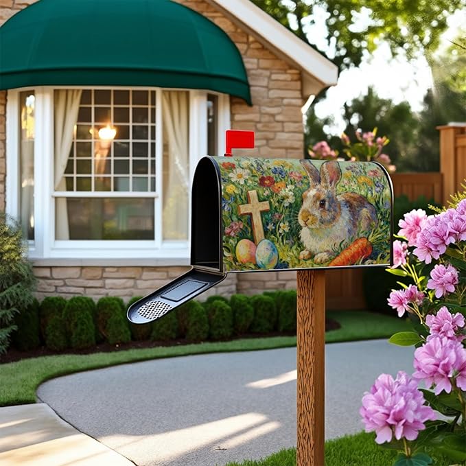 Spring Easter Mailbox Covers Magnetic Standard Size Cute Bunny Rabbit Colorful Floral Cross Egg Carrot Holiday Outdoor Seasonal Decorative Letter Box Cases for Home Garden Outside Decor, 21x18 Inch