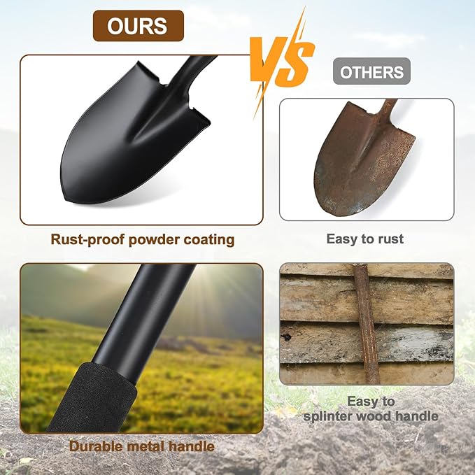 COCONUT 31 Inch Small Garden Shovel, Lightweight Metal Shovel with Black, Padded, Ergonomic D-Grip Handle for Digging, Planting, Camping, Kids, Beach, Garden