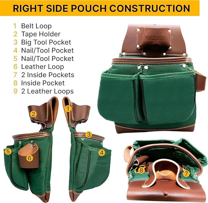 Leather & Nylon Tool Belt for Men – Heavy Duty 22-Pocket Framer’s Tool Bag for Carpenters & Electricians (Green, One Size)