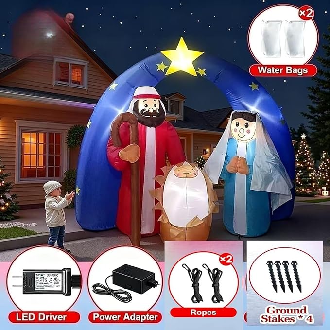 8 FT Christmas Inflatables Santa Claus in Sleigh with Two Reindeer Outdoor Decorations Blow Up Yard Santa Claus with Built-in LEDs (Nativity Scene – Yard Decoration)