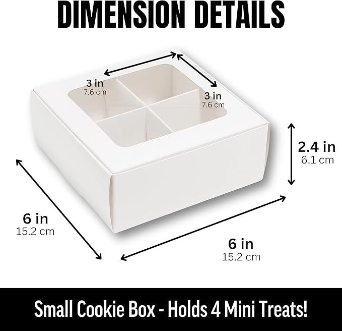 100 pcs White Mini Cookie Boxes for 4 treats with Window and Dividers, Bakery Boxes, 6 x 6 x 2.4 Inches SMALL Baking Boxes, Square Cookies Box Decorating Supplies for Gift Giving
