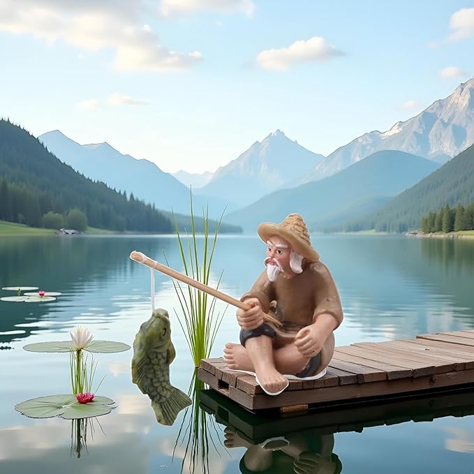 2Pcs Miniature Fisherman Figurine, Chinese Mudman Sitting Garden Statue, Outdoor Ornament Decor