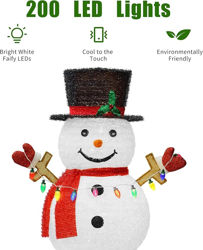 5ft Lighted Pop-Up Snowman, Large Outdoor Christmas Snowman Decoration with 200 LED Lights, Hat, Scarf, Multicolored Lights, for Christmas Yard and Outdoor Display (Batteries Not Included)