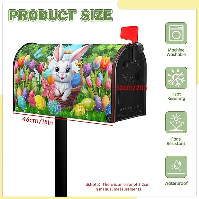 Easter Mailbox Covers Magnetic Rabbit Mailbox Cover Spring Colorful Tulips Post Letter Box Cover Outdoor Garden Holiday Decoration 21x18 in Eggs