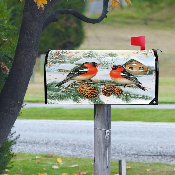 SUABO Mailbox Cover Birds Pinecone Standard Magnetic Mailbox Covers Wraps for Christmas Home Yard Garden Decor
