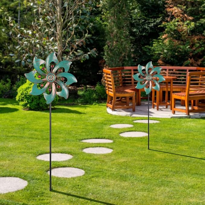 VEWOGARDEN Single-Blade Wind Spinner, Outdoor Metal Wind Spinner with Floral Design for Yard, Garden, Lawn Decor, 10 Inch, 2 Pack