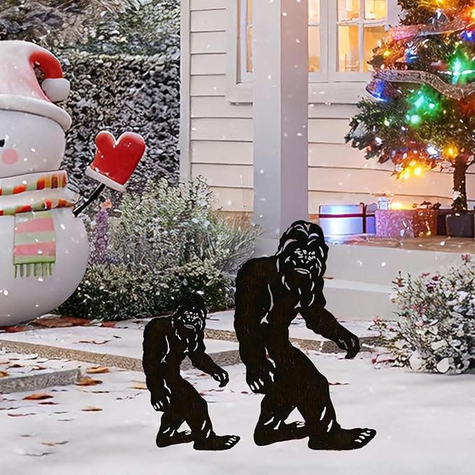 TT & MM Christmas Bigfoot Yard Decor Metal Garden Stakes,Set of 2 Big Foot Sasquatch Gifts for Men/Women,Outdoor Bigfoot Silhouette Statues for Yard Art,Patio,Lawn - 15.7”H x 8.3”W & 7.8”H x 4.1”W