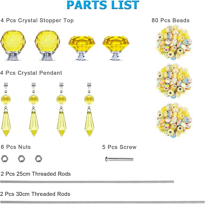 Exway 100 PCS DIY Fairy Wand Beaded Garden Stake Beads Kits with Yellow Large Hole Beads 4 Crystal Stopper Top Threaded Rods and 4 Yellow Sparkling Crystal Pendants for Outdoor Indoor Decor