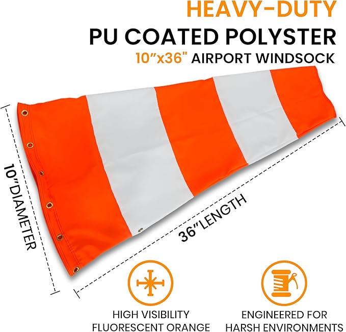 10"x36" Airport Windsock | Heavy Duty, All Weather, Waterproof, UV Fade Resistant, High Vis Fluorescent, Quad Stitched, Zip Ties Included, for Industrial, Ranch, and Agricultural Use | Orange & White