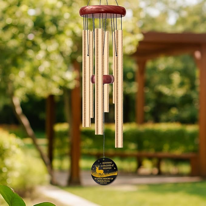 Personalized Hunting Memorial Wind Chime – “Hunting in The Fields of Heaven” Wind Chimes– Custom Name & Years – Outdoor Sympathy Gift for Hunters, Dad, or Grandpa – Memorial Garden Décor