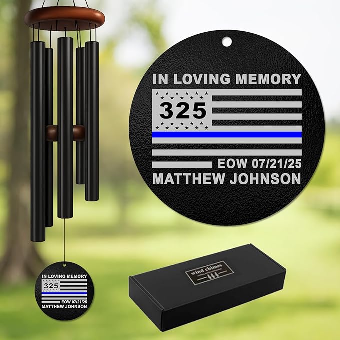 Personalized Police Memorial Wind Chime – “Blue Line Tribute” Fallen Officer Windchime – Custom Engraved Badge Number, Name & Eow Date – Law Enforcement Sympathy Gift – Windchime for Heroic Service