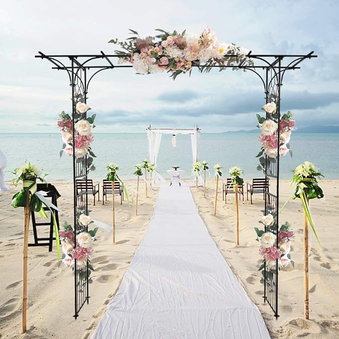 7FT Metal Garden Arch Trellis, Heavy Duty Metal Garden Arbor with Stakes for Climbing Plants Outdoor Patio, Stable Trellis Arch for Wedding Ceremony Party, 81" L x 16" W x 82" H, Black, 13mm