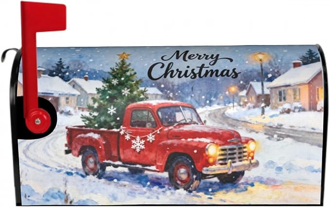 Merry Christmas Red Truck Mailbox Covers Magnetic Standard Size Xmas Tree Snowflake Snow Scene Holiday Outdoor Decorative Farmhouse Letter Box Cases for Home Garden Outside Decor, 21x18 Inch