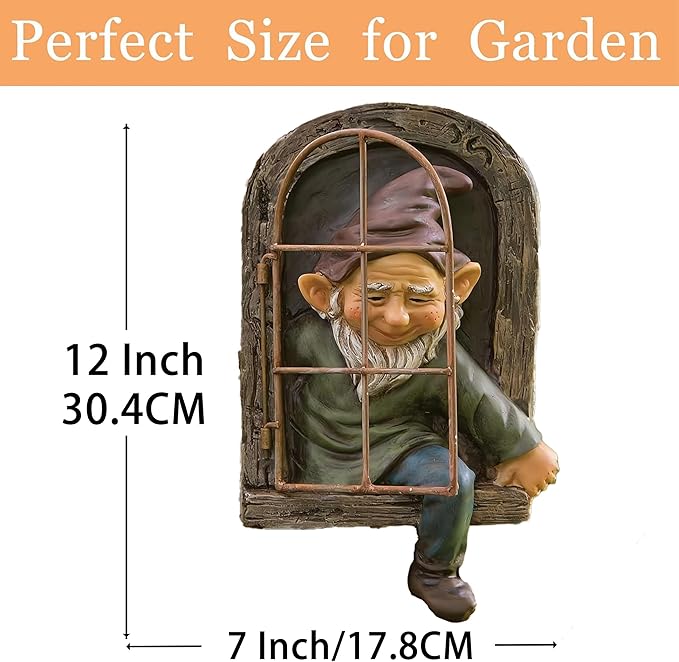Teaeeno 12-inch Elf Out The Door Tree Hugger, Whimsical Old for Man Resin Statue with Foliage Features, Large Outdoor Tree Hugger for Yard Art, Trees Decorations Outdoor Wallmounted Statue