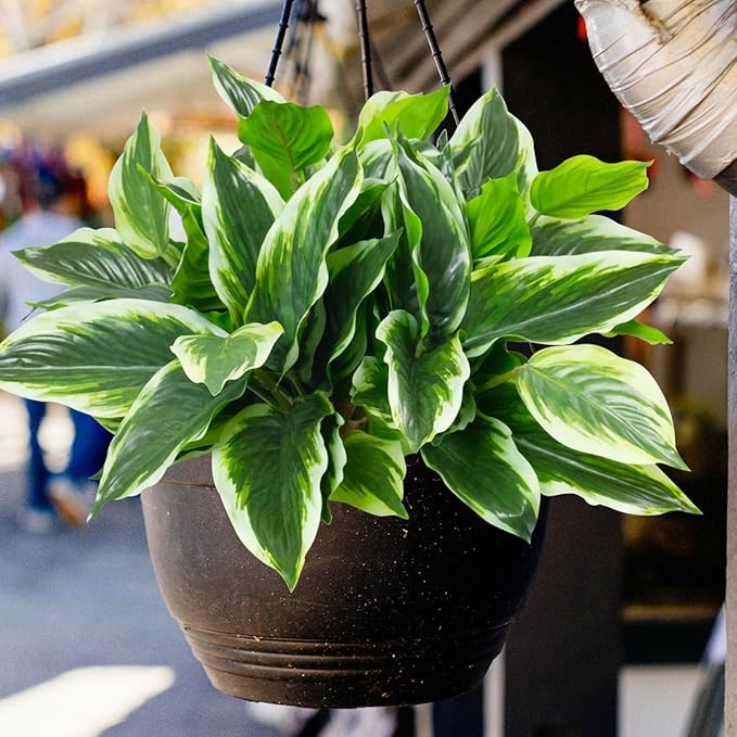 3PCS Artificial Tropical Green Plants – 19.6" Fake Hostas Outdoor Artificial Plants, UV Resistant, Faux Green Leaf Stems for Porch, Patio, Balcony, Garden Planter or Indoor Décor