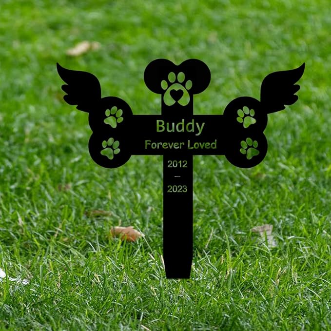 Custom Metal Pet Memorial Sign - Outdoor Cemetery Grave Stake with Paws Wings