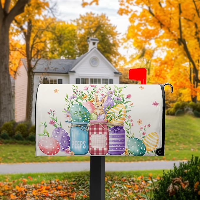 Easter Magnetic Mailbox Cover Bunny Mailbox Covers Standard Size 21x18 in Spring Floral Post Letter Box Cover Waterproof Oxford Outdoor Farmhouse Garden Yard Decor Beautiful Jars Eggs