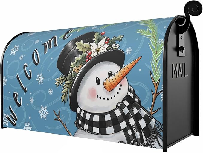Winter Large Mailbox Covers Magnetic Oversized Welcome Christmas Snowman Buffalo Plaid Blue Mailbox Wraps Seasonal Outdoor Decorative Letter Box Cases for Home Garden Outside Decor, 25.5x21 Inch