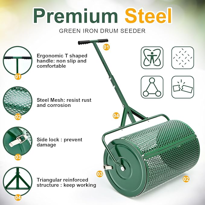 Hiboom 24 Inch Compost Spreader, Peat Moss Spreader, Manure Roller with Adjustable T Shaped Handle, Lightweight Metal Mesh for Lawn Garden Spreading Manure Topsoil (Green)