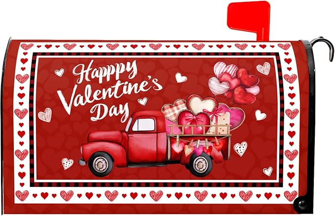 Valentine's Day Magnetic Mailbox Cover Red Heart Mailbox Cover Magnetic Standard Size 21 X 25.5 Inch Red Truck Mailbox Post Cover Mailbox Wraps Mailbox Decor for Home Garden Outdoor Yard