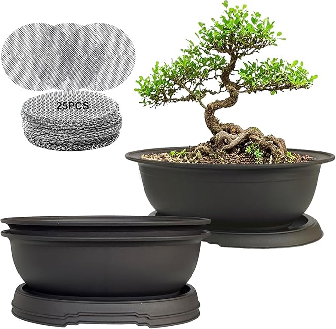 MUZHI 3 Pack Oval Bonsai Training Pot with Drainage Tray, Matte Finish Nursery Plastic Bonsai Planter with 25PCS 2inch Mesh pad (5.2" Small)