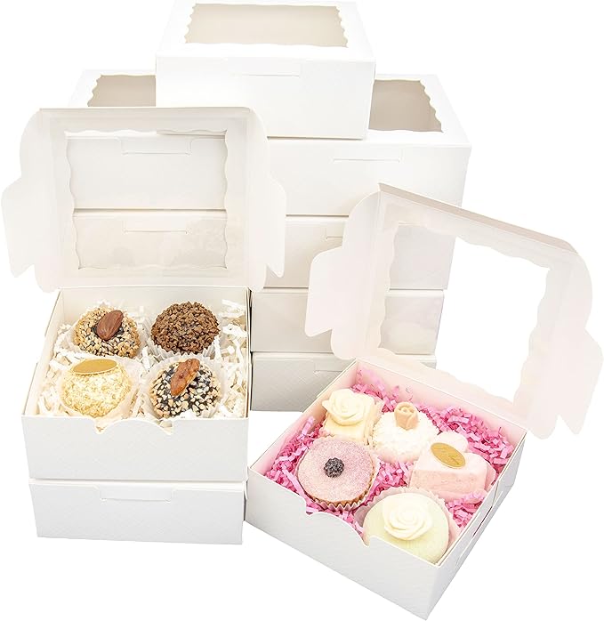 QULIT 50pcs 5x5x2 Inch Cookie Boxes with Window White Bakery Boxes Pastry Boxes for Macaroon Dessert Cupcake Donut Pastry Muffins