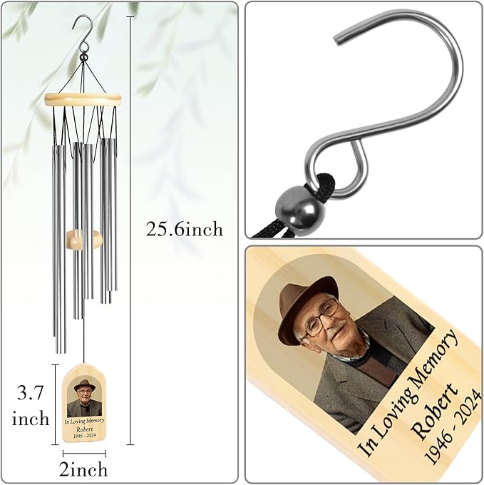 Memorial Wind Chimes with Photo, Jocidea Sympathy Gifts for Loss of Loved One, Remembrance Wind Chime, Personalized Memorial Gift, Bereavement Gift, in Loving Memory of