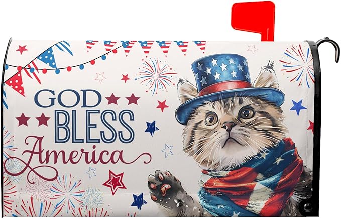 4th of July Cat Mailbox Cover Magnetic Large Size God Bess America Flag Stars Patriotic Firework Mailbox Wrap Letter Post Cover 25.5x21 Inch for Garden Yard Outside Outdoor Decor