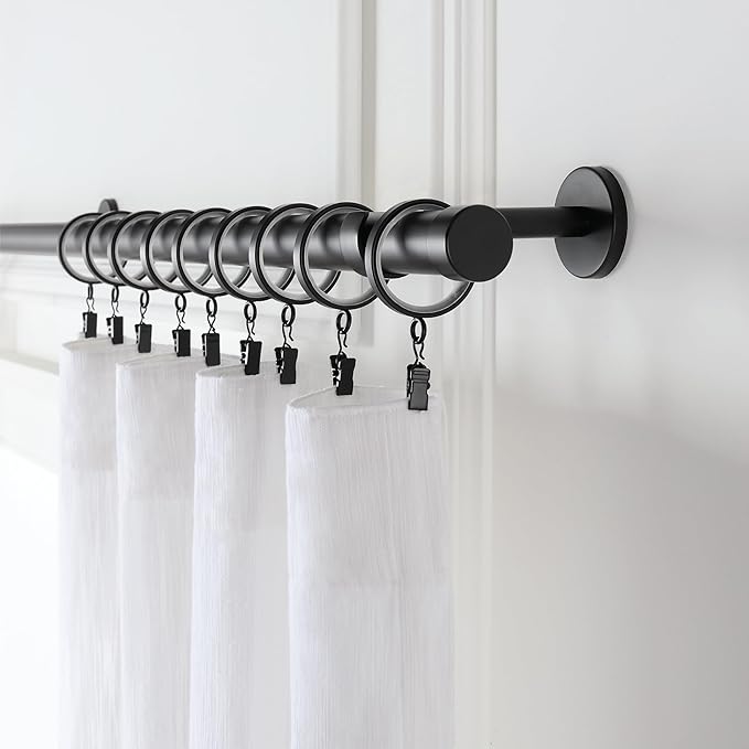 MODE Cambria Designer Series - Premium Easy Glide 18 Count Curtain Rings - Metal with Smooth, Quiet Nylon Inserts with Clips - 2 inch Diameter (1-5/8 inch Inside Diameter) - Satin Black Finish