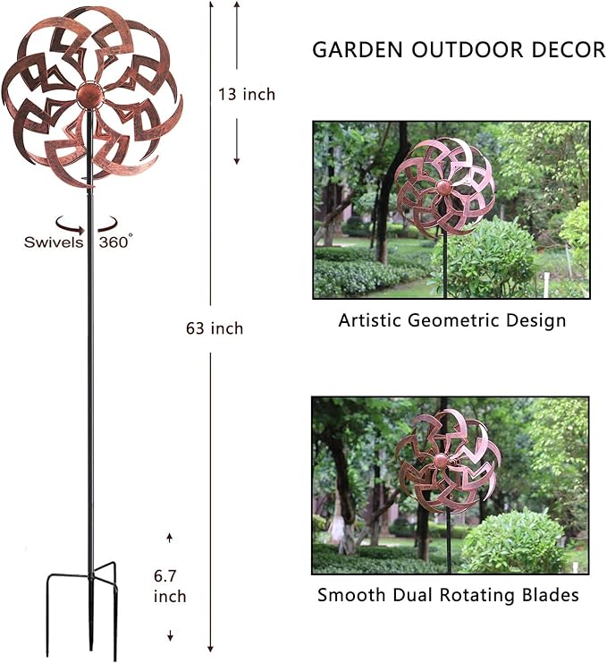 Garden Wind Spinner Outdoor Decor, Dual Rotating Blades Kinetic Sculpture with Artistic Geometric Design, Durable Metal Yard Art 63x13 Inch