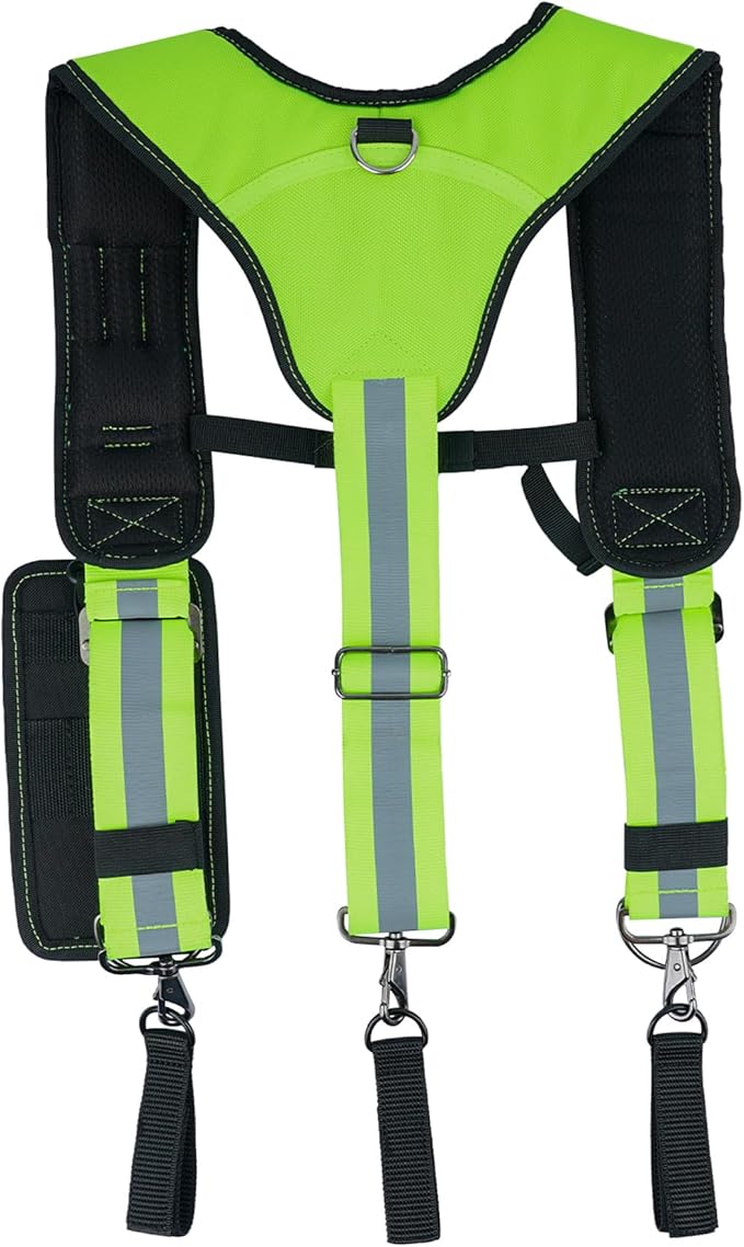 MELOTOUGH Reflective Safety Tool Belt Suspenders Construction Bag Suspenders Padded Work belt Suspenders for Carpenter/Electrician/Roofing/Farmer work Suspension Rig(Reflective Green)