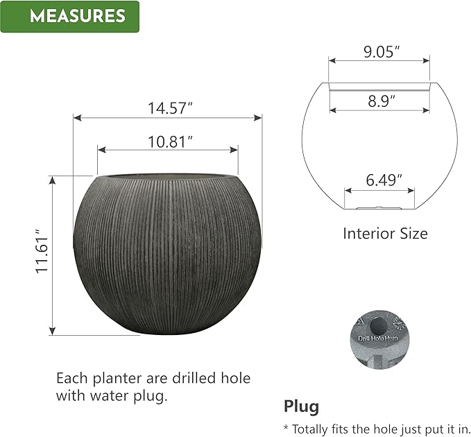 11.8 H x 14.5" Dia (8.9" Pot Opening) Plastic Round Vintage Black Planters for Outdoor Plants, Resin Flower Pot for Indoor and Outdoor Plants, Plant Pot with Drainage Holes and Plug for Patio Garden