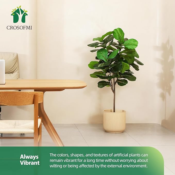 CROSOFMI Artificial Fiddle Leaf Fig Tree 50 Inch Fake Ficus Lyrata Plant with 56 Leaves Faux Plants in Pot for Indoor Outdoor House Home Office Garden Modern Decoration Perfect Housewarming Gift
