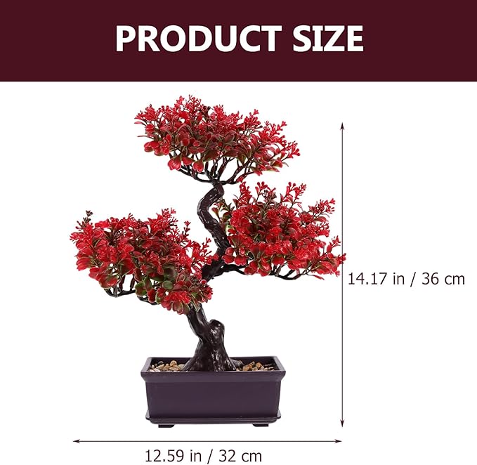 Cabilock Fake Bonsai Tree, Artificial Red Bonsai Tree, Plastic Japanese Potted Pine Decoration for Home Office Showcase Indoor Desktop Display
