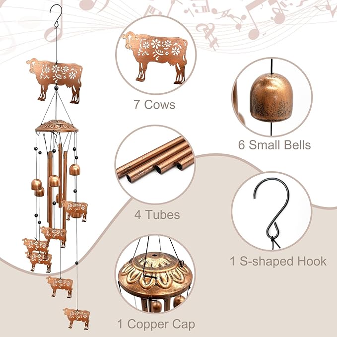 Cow Wind Chimes for Outside, Metal Windchimes Outdoors Birthday Gifts for Women Memorial Sympathy Wind Chimes for Patio Garden Yard