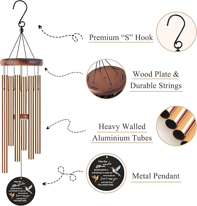 Personalized Memorial Wind Chimes for Loss of Loved One Custom Sympathy Wind Chime Deep Tone with Photo Text Engraved Outdoor Bereavement Condolence Remembrance Funeral Gifts Mom Dad Dog Pet