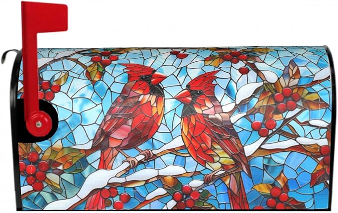 Giwawa Winter Cardinal Bird Mailbox Covers Red Birds on Holly Berry Branches Snow Mail Box Cover Magnetic Oversized 25.5 x 21 Stained Glass Christmas Mailbox Wrap Holiday Mailbox Xmas Decorations