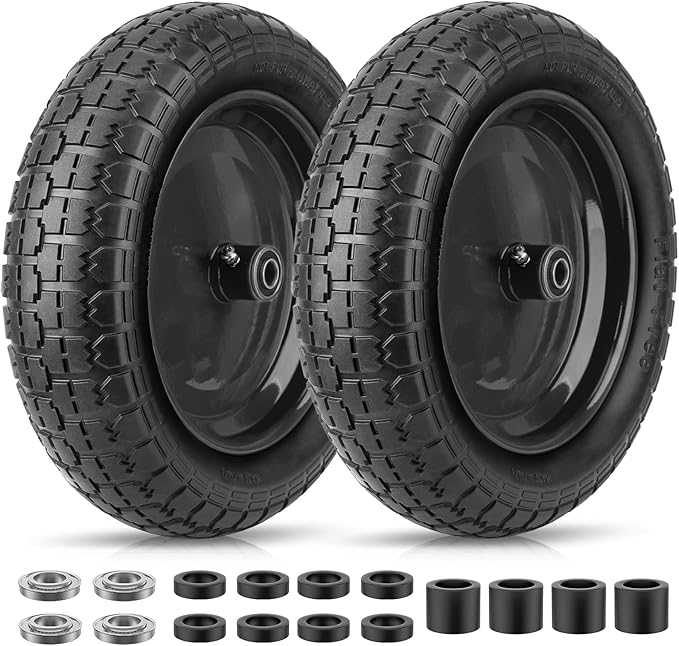 TICONN 4.80/4.00-8 Tire, 14.5" Flat Free Wheelbarrow Tire and Wheel, Solid Replacement Tires, 5/8" 3/4" Bearings, Universal Fit 4.80/4.00-8, 3.50/3.00-8, 4.00-6 (14.5" Black, 2PK)